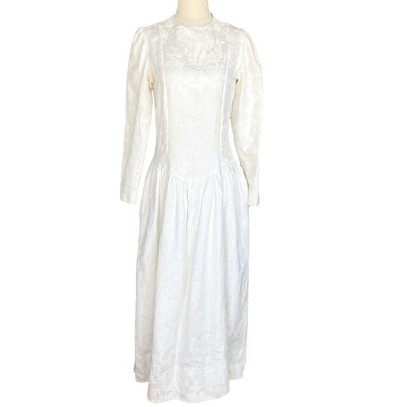 Vintage Dresses & Skirts - VINTAGE Edwardian Inspired Long Sleeve High Neck Cotton Blend Wedding Dress XS
